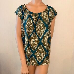 LC Lauren Conrad Floral Tie Neck Blouse Size L Teal Boho Top